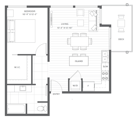 Floor plan for 1 bed, 1 bath, 699 sqft
